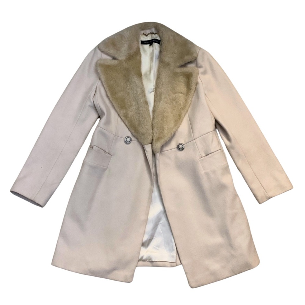 Elegant French Connection Wool Faux Fur Cream Beige Mid Length Coat 6 Tan Jacket
